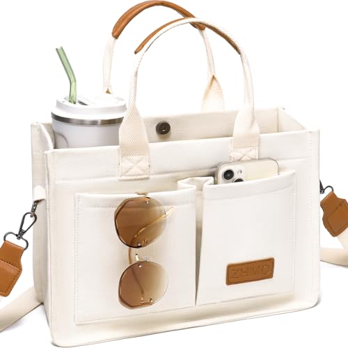 ZHMO Canvas Tote Bag for Women With Compartments and Pocket,White Women's Bags Crossbody Bags Work...