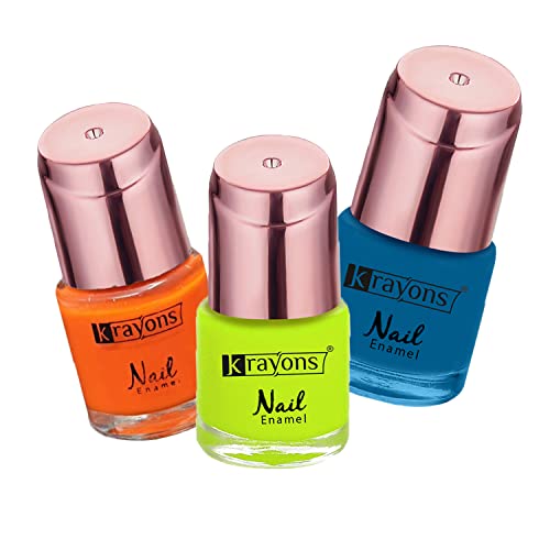 Image of Krayons Crazy Gel Nail Enamel, Waterproof, Longlasting, 8ml Each, Multicolor, Pack of 3 (Neon Orange, Neon Yellow, Blue Eyed Girl)