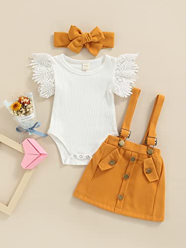 Infant Girls Summer 3Pcs Outfit Sets Ruffle Short Sleeve Ribbed Romper + Suspender Skirt + Headband (A-Yellow, 3-6 Months) #TOP1