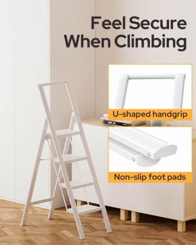 Image of 5 Step Ladder for 10 Feet High Ceiling, Folding Step Stool Stepladders with Anti-Slip and Wide Pedal for Home and Kitchen Use Space Saving (White)