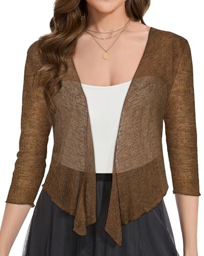 Image of Women Crop Cardigan Sheer Mesh Bolero Shrug for Dress Tie Front 3 /4 Sleeve Tops