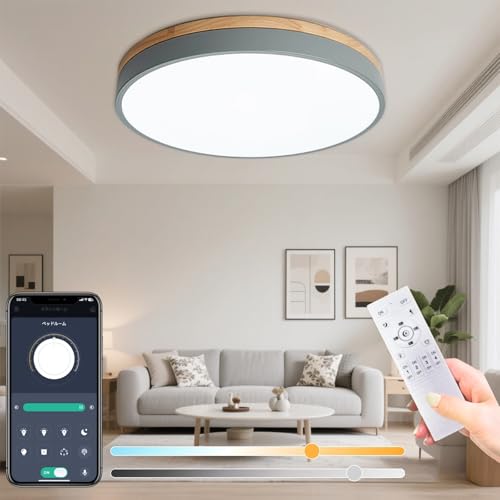 DEMILA led シーリングライト おしゃれ 木目 6畳 8畳 10畳 12畳 リモコン付 引っ掛け 北欧 モダン インテリア 間接 照明 天井 和室 リビング 寝室 タイマー 工事不要 日本語説明書付(グレー・直径40cm)