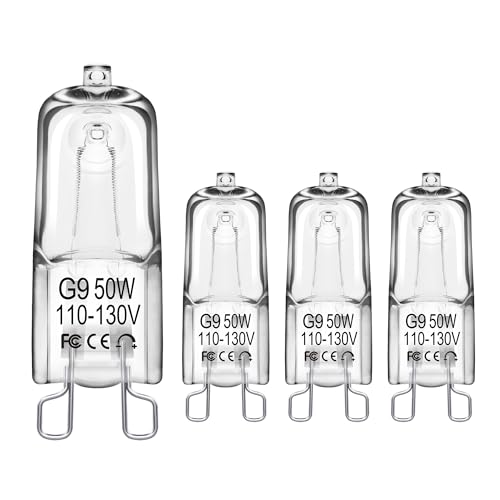 Flaspar G9 50W Halogen Light Bulbs, T4 580LM JCD Type 2800K Warm White, 120V G9 Bi-Pin Base for Reptile Heat Bulb, Under Cabinet Halogen Bulb for Range Hood Lights, Microwave Ovens, Dimmable, 4 Pack