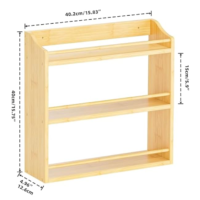 Spice Rack Wall Mounted, Spice Organizer for Counter, Bamboo Spice Storage Holder for Kitchen Cabinet, Pantry (Spice Jars Not Included, Natural)