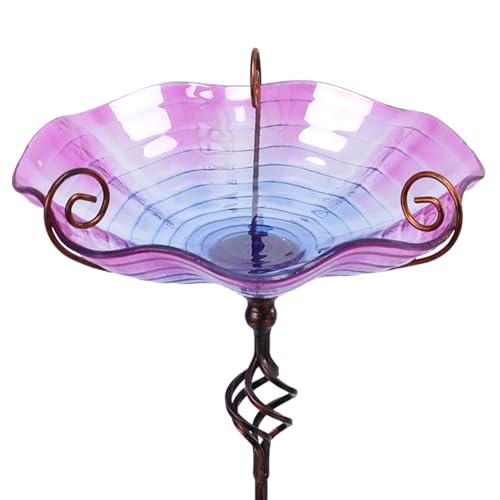 MUMTOP 31 Inch Height Glass Birdbaths, Outdoor Bird Bath Birdfeeder with Metal Stake Garden Yard Outside, Purple