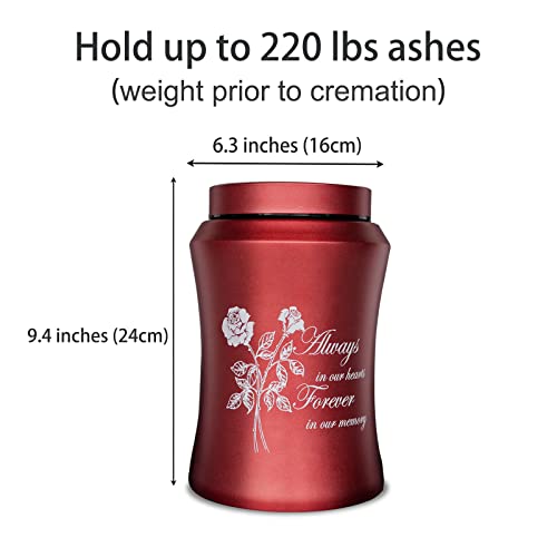 Image of Large Red Metal Cremation Urns for Human Ashes, for Adult Female | Full Size 220 lbs Capacity, Sealing Well & Durable, Stainless Steel, Funeral Women Ash Keepsake, Including a Velvet Bag