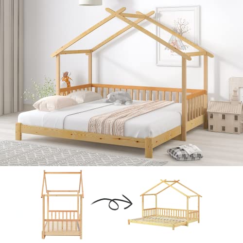 SOFTWEARY Ausziehbett, Kinderbett mit Lattenrost und ausziehbarer Liegefläche, 90x200 cm/180x200 cm, Holzbett aus Kieferholz, Hausbett, Jugendbett