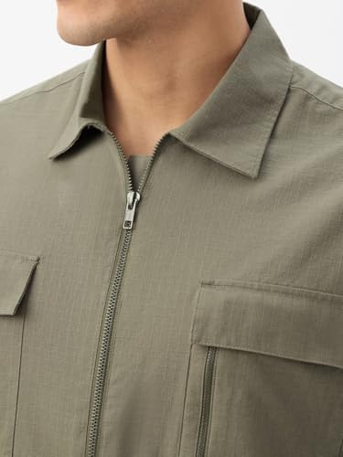 Image of The Souled Store Zipper Shirt: Men and Boys Short Sleeve Spread Collar Zipper Front Solid Textured Regular Fit Casual Easy to Style Everyday Office Wear Cotton Shirt