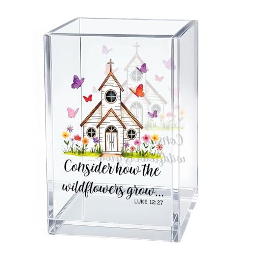 Image of Consider How The Wildflowers Grow Bible Pen Holder Makeup Organizer, Funny Christian Acrylic Pencil Pen Holder for Desk, Luke 12:27 Bible Verse Pencil Cup, Religious Gifts for Book Lover Teacher