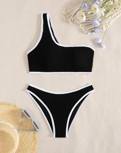 Image of YIMISAN Women's Ribbed Bikini Sets One Shoulder Top with Mid Waist Two Piece Bathing Suit