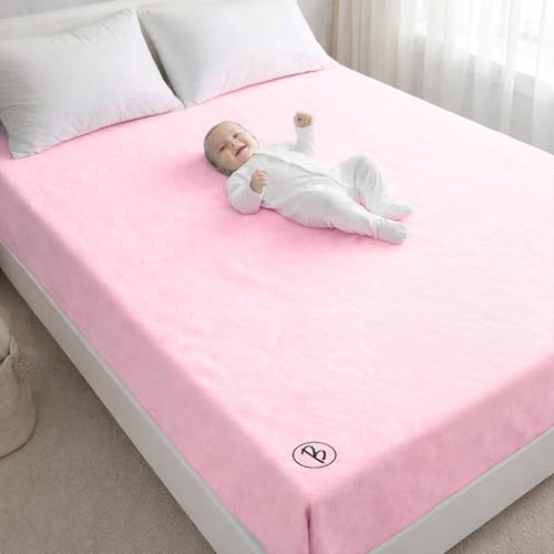 Image of Btag Baby Waterproof, Super Soft Fast Drying Mattress Protector | Extra Absorbent, Anti-Itching Sheet for New Born,Toddler (Size 200x210 cm, Pack of 1, Baby Pink)