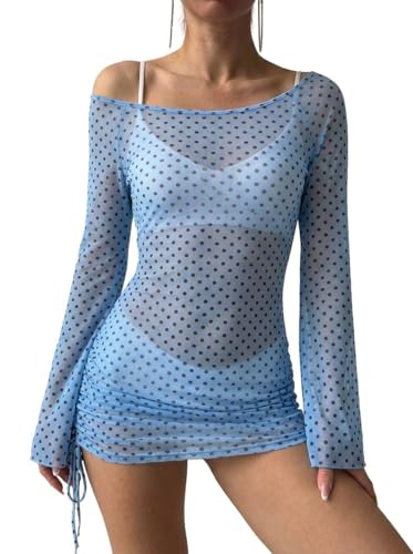 Image of ZAFUL Womens Swimsuit Cover Up Dress Off Shoulder Hollow Coverup Bathing Suit Mesh Swim Beach Dress