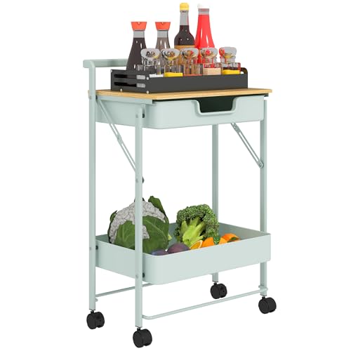 HOMCOM Carrito Auxiliar con Ruedas de 2 Niveles Carro de Cocina con 1 Cajón y 1 Cesta Carrito Organizador para Dormitorio Salón Oficina Verde Claro