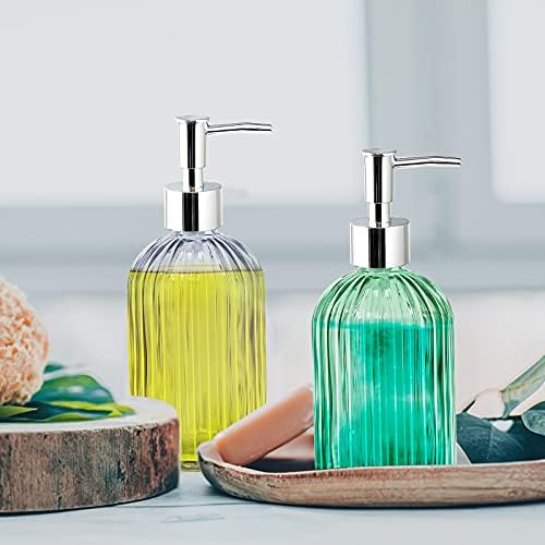 2 Pack Glass Soap Dispenser Bottle with Pump 14 Oz Refillable Liquid Hand Jar Dispenser Washing Up Liquid Dispenser for Bathroom Kitchen Sink(Transparent&Green)