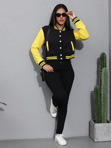 Image of Mintsnow Womens Varsity Jacket Long Sleeve Button Down Bomber Jackets Casual Baseball Uniform Streetwear
