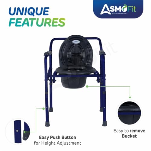 Image of Foldable Commode Chair Height Adjustable Use in Room or Over Toilet, Potty Chair with Armrests, Bedside Commode - Ideal for Adult, Pregnant Women, Elderly - Weight Capacity 100KG (Without Wheels - Blue)