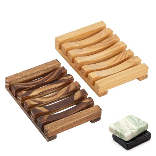Soap Saver Compatible with Dr. Squatch Set of 2 Wooden Soap Dish for Shower with Self Draining Extend Soaps Life and Keep Dry Ideal for Bathroom Bathtub and Shower Charcoal and Wooden Color