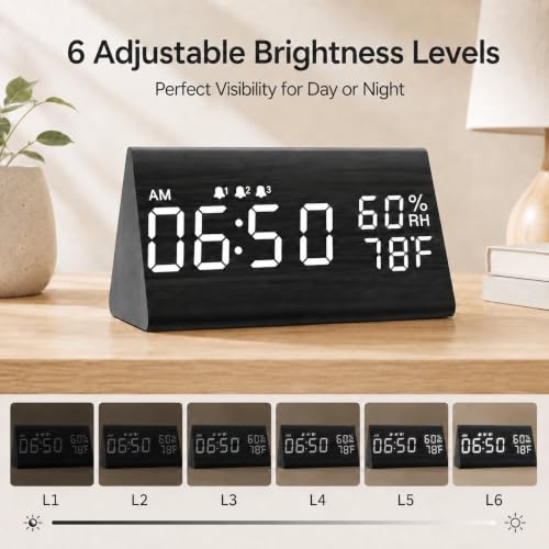 JALL Wooden Digital Alarm Clock for Bedrooms and Office, 3 Alarms with Big Digits, Humidity and Temperature Display, 6-Level Dimmer, Snooze, Loud Desk Clock for Heavy Sleepers, Plug in (Black) - Image 3