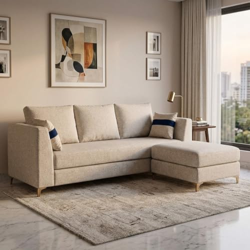 Image of FURNY Signature Cresta 4-Seater L-Shape Sofa Set with Movable Ottoman | Flexible LHS /RHS Layout | Boucle Weave Fabric | 40D Foam + Zigzag Spring | 3-Yr Warranty (Sandstone Beige)