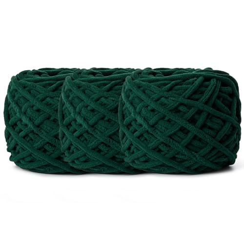 Image of 3 Pack Fluffy Chenille Chunky Yarn for Crocheting 100g(65.6yd) - Baby Yarn for Crocheting Soft - Velvet Yarns for Crochet Blanket - Amigurumi Crochet Yarns (Dark Green)