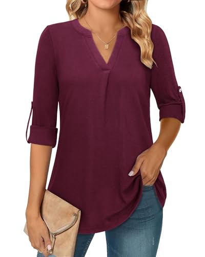 Amrto Longbluse pour femme 3/4 manches Blouse col en V tunique élégante manches longues décontractée hauts chemisier à manches longues ample décontracté chemisier long pour le bureau, XXL