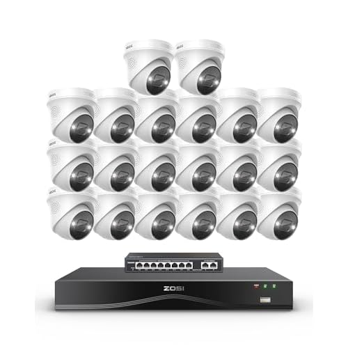 ZOSI 8MP 20pcs Kit Cámaras de Vigilancia PoE con 8 Puertos Gigabit PoE Switch, 16CH 4K Grabador NVR con 4TB HDD Ampliable a 32CH, Alarma de Persona/V