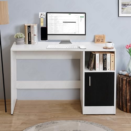 Image of ABOUT SPACE Study Table with Bottom Storage - WFH /Office Computer Table for Laptop, PC, Working, Drawing for Home Office Desk Engineering Wood(White & Black Mahogany- L 95 x B 45 x H 75 cm)