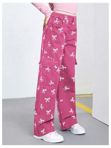SHENHE Girl's Cargo Jeans Wide Leg Elastic Waist Butterfly Print Cute Baggy Jeans Pants3