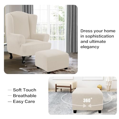 Image of H.VERSAILTEX Ottoman Cover Slipcover Rectangle Fit Length 35 inch-45 inch Footrest Sofa Slipcovers Stool Cover Footstool Protector Covers Feature Stretch Thick Soft Jacquard Fabric Washable - Natural