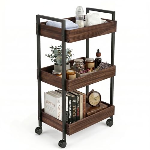 WOPITUES 3-Tier Wooden Rolling Utility Cart with Metal Handle Mobile Organizer Trolley with 4 Lockable Wheels Multifunctional Storage Cart for Kitchen Nursery Classroom Living Room Office Brown