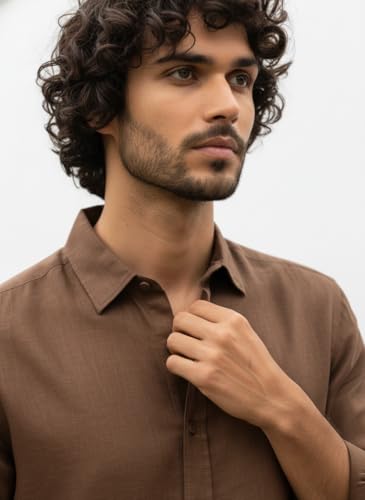 Image of Men's Linen Cotton Shirt | Solid Design | Full Sleeve | Regular Fit | Button Down Collar | Summer Casual & Formal Wear