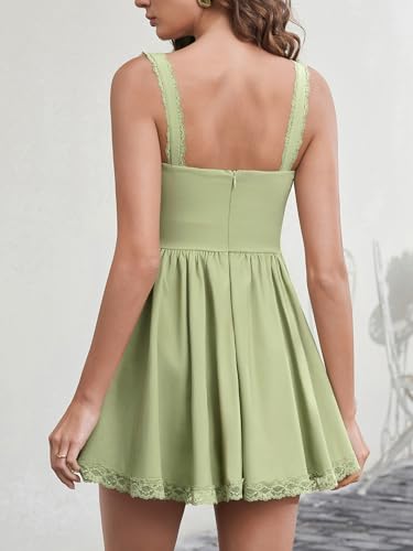 Image of Womens Summer Floral Mini Dress Square Neck Tie Front Lace Spliced Ruched Backless Casual Party Graduation Short Dresses