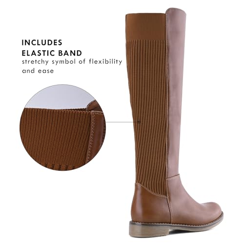 Image of Shoe'N Tale Women's Knee High Boots Flat Low Heel Stretchy Round Toe with Side Zipper