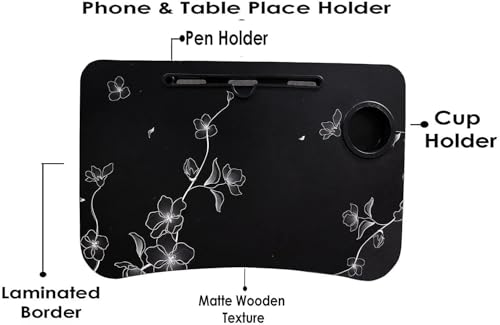 Image of Foldable Wooden Mini Laptop Table for Bed, Study Table with Drawer, Tablet /Mobile Holder for Kids & Adults (BLACK FLOWER 1)