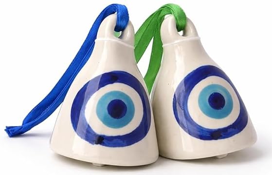 VoiDrop Handcrafted Ceramic Evil Eye Hanging Bells for Home Decor - Decorative Nazar Protection Wind Chime for Entrance, Balcony, and Office - Set of 2 (Blue & White)-image-33