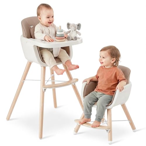 Image of Mallify 3-in-1 Wooden High Chair, Convertible High Chairs for Babies and Toddlers, Baby Highchair with Adjustable Legs & Dishwasher-Safe Tray, Sleek Hardwood & Premium PU Cushion, Brown