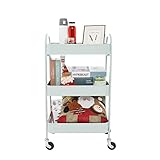 Puluomis Utility Rolling Cart, 3 Tier Storage Cart with Lockable Wheels, Metal Bathroom Cart for Bathroom, Kitchen, Office, Light Green