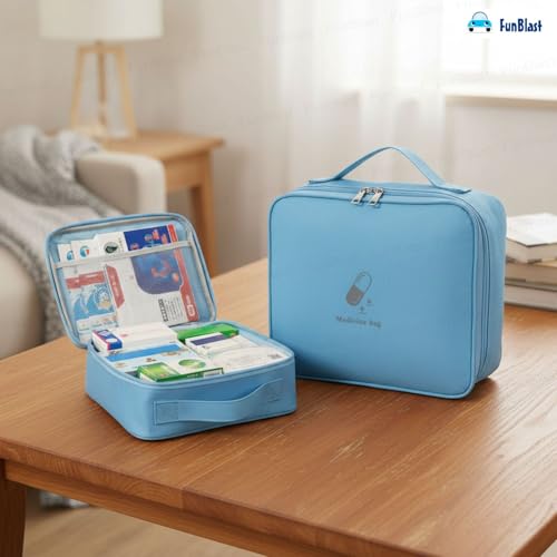 Image of FunBlast Travel First Aid Bag - Medical Portable Medicine Storage Bag, Waterproof Pill Organizer with Mesh Pocket, Zippered Medicines Bag for School, Travel, Camping (Blue)