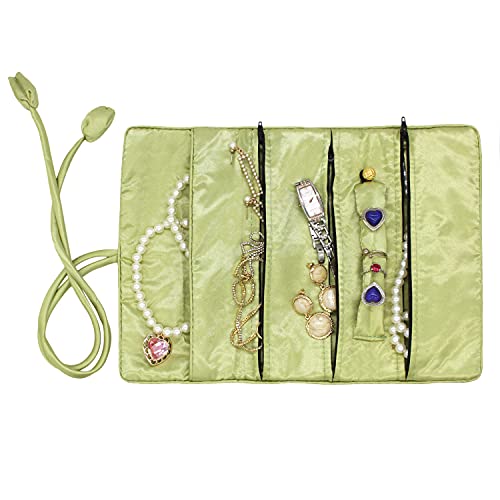 SmilerSmile Jewelry Travel Bag Embroidery Travel Jewelry Organizer with Tie Close Embroidered Flower Jewelry Roll for Women Girls (Bamboo Green) by SmilerSmile - Image 2