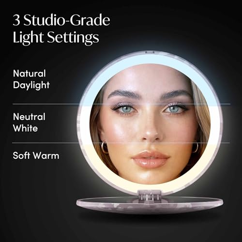 Image of Fancii Taylor LED Lighted Travel Makeup Mirror, Rechargeable, 10x /1x Magnifying, Tru-Glow Lighting System, XL Large 5 inch Wide | Compact Mirror for Purses (Cosmic Leopard)
