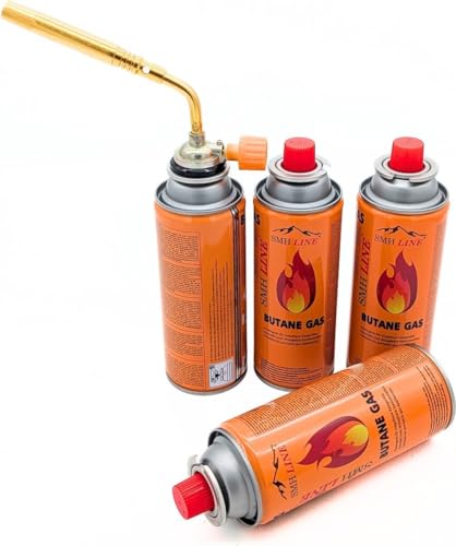 SMH LINE® Quemador de gas, incluye 4 cartuchos de gas, 227 g, soplete multiusos Bunsenbrenner 1371 °C, soplete de 1760 W, dispositivo flambeador de malas hierbas, soplete de soldadura (quemador con 4