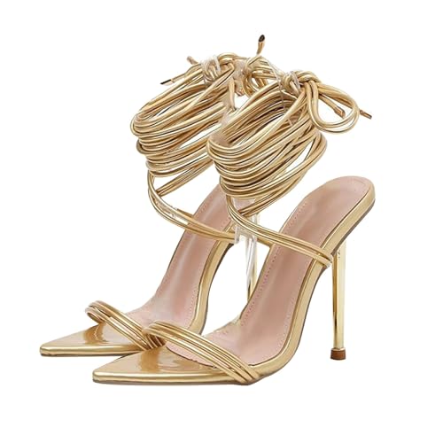Sandalias de Tacon Alto Mujer Fiesta Sandalia Verano Comodas Cierre de Hebilla Sandalias de Vestir Sexy con Cordones sandalia Elegantes Dorada Negras Moda Tacones Flexibles Para Novia Pole Dance 2025