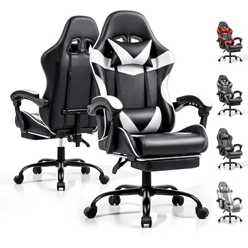 Image of Gaming Chair, Ergonomic Computer Chair with Footrest and Lumbar Support, Height Adjustable Office Chair with 360 Swivel Seat and Headrest (Black & White)