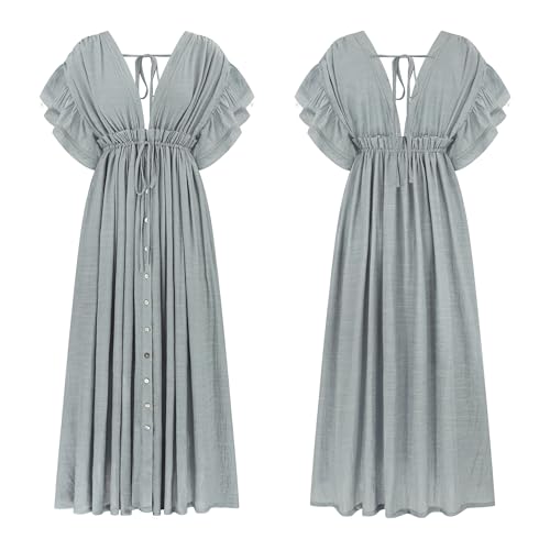 Image of R.Vivimos Maxi Dresses for Women 2026 Summer Short Sleeve V Neck Drawstring Tie Boho Loose Flowy Long Dresses with Pockets