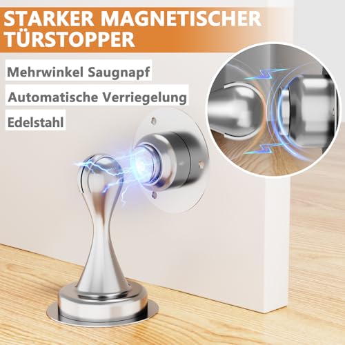 Magnetischer Türstopper 2 Stück, Türstopper aus Edelstahl für die Unterseite der Tür, Wand und Bodenmontage, Ohne Bohren Türschnäpper Türhalter mit 3M-Klebebändern | Bohren Sie mit Schrauben, Silber