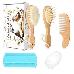 Baby Hair Care Kit, 5 in 1 Wooden Natural Goat Bristles Brush Cradle Cap Comb Baby Grooming Kit for Newborns Toddlers Boys Girls Gift