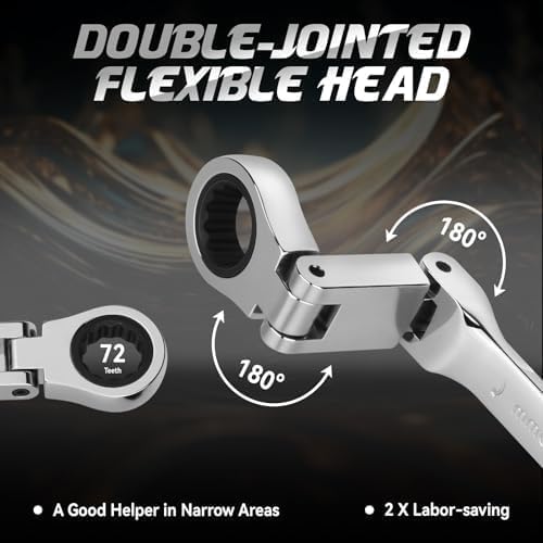 DISEN Double Jointed Extra Long Flex Head Ratchet Wrench Set, 6 PCS Metric 8-19mm Box End Ratcheting Wrench with a Magnetic Pickup Tool Kit, 72-Teeth, Cr-V Steel,12 Point Combination Wrench set