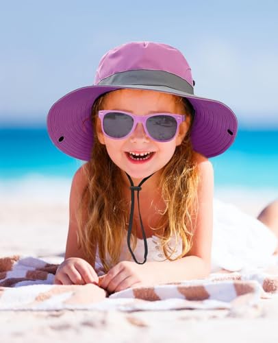 Kids Summer Sun Hat with Ponytail Hole Girls UV Protection Wide Brim Beach Cap with Sunglasses and Hat Clip Age 5-122