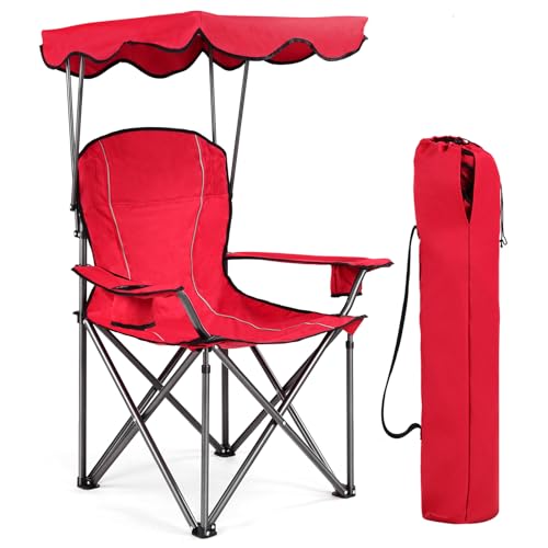 WATERJOY 24 Inches Portable Camping Chairs with Cup Holder, Folding Beach Chair with Shade Canopy