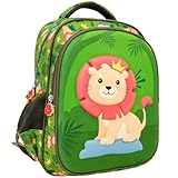 Mochila Escolar Infantil 3D Leão, Verde com Estampa de Leão Meninos Pré Escola e Maternal